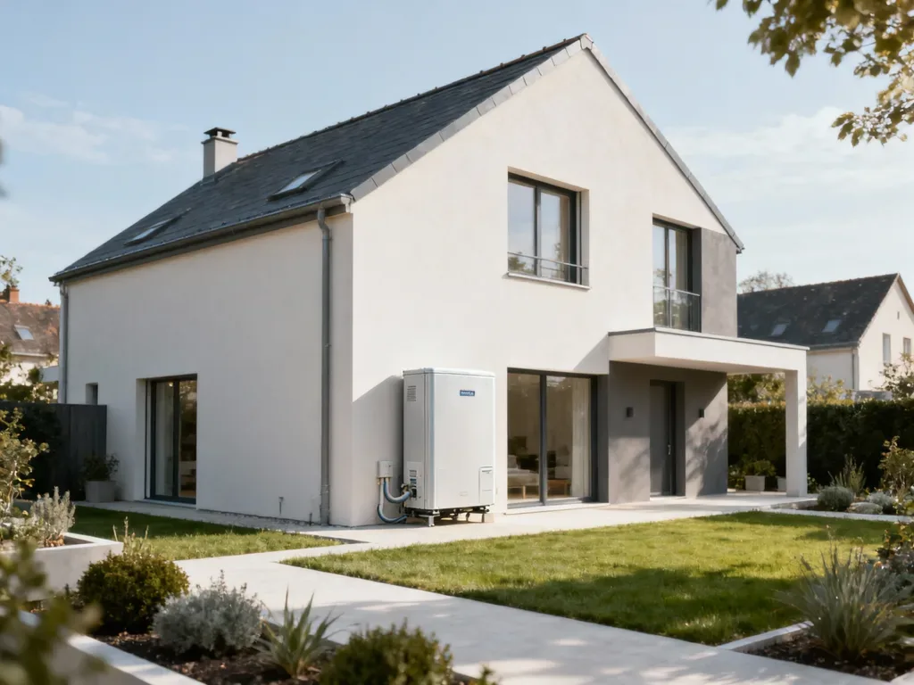 Maison avec pompe à chaleur extérieure en France, équipement moderne