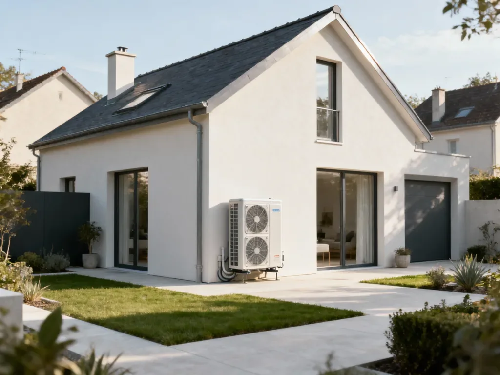 Maison avec pompe à chaleur extérieure en France, équipement moderne