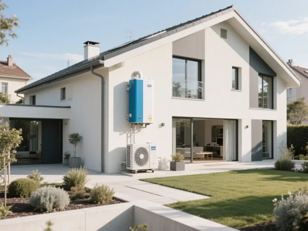 Maison avec pompe à chaleur extérieure en France, équipement moderne