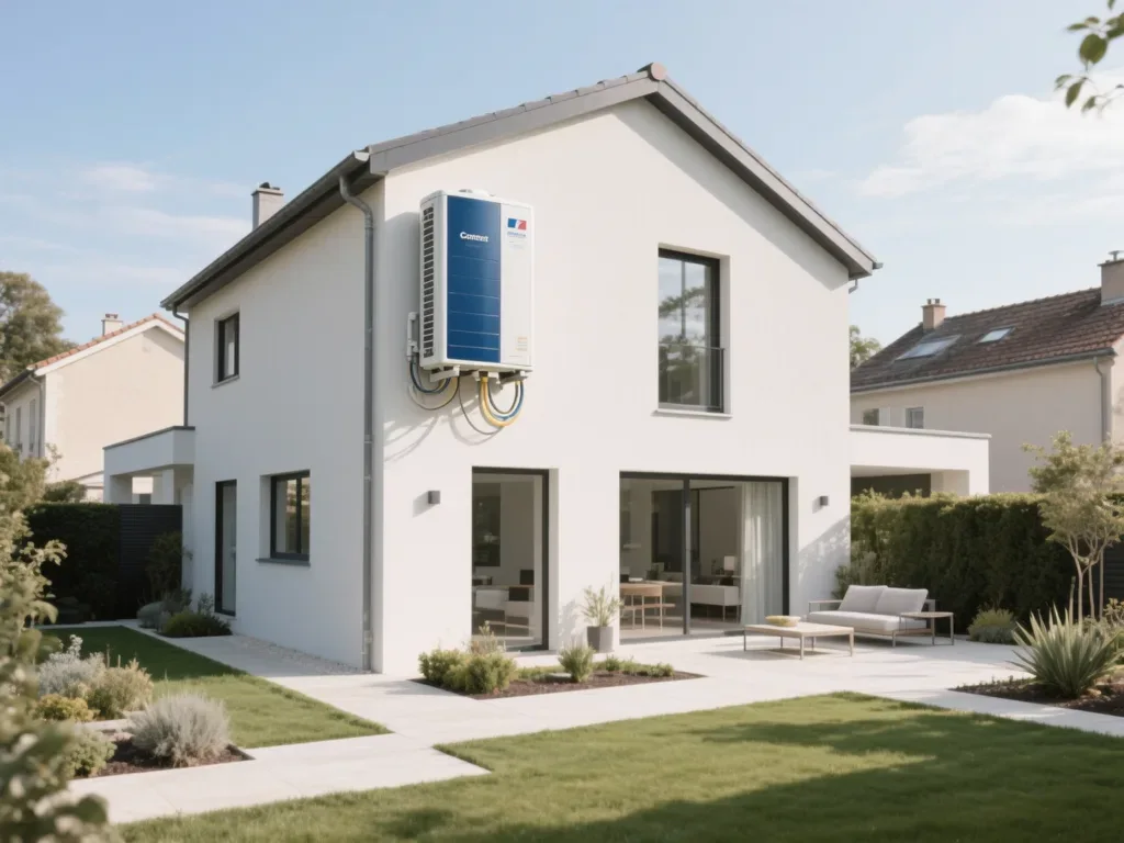 Maison avec pompe à chaleur extérieure en France, équipement moderne