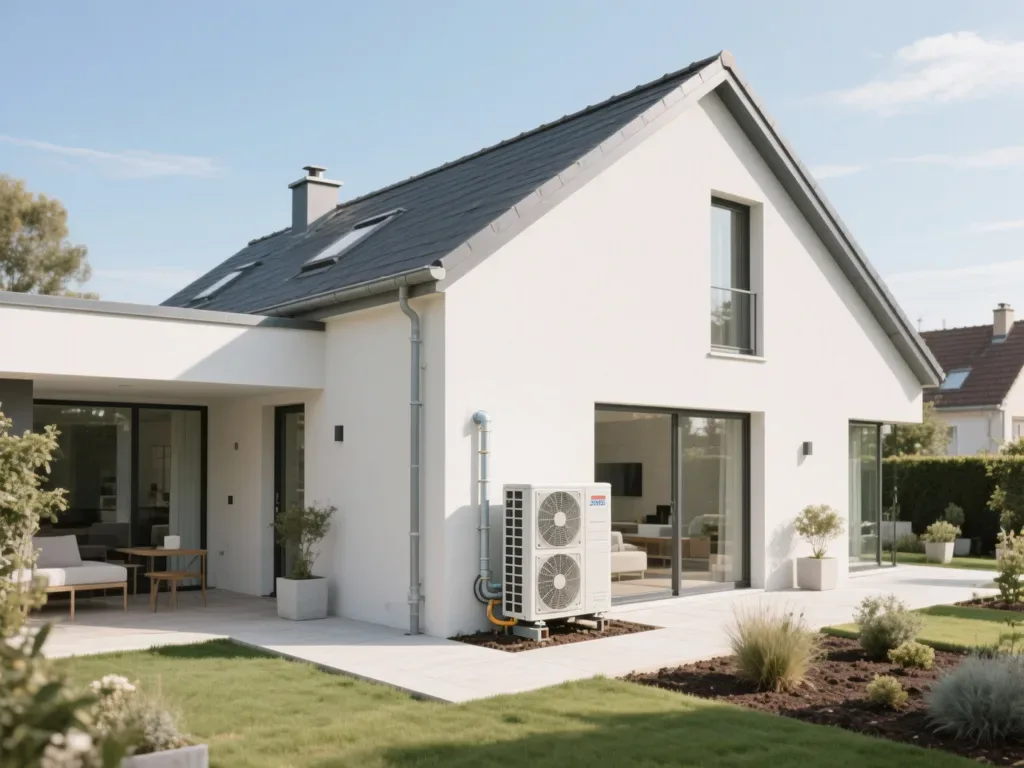 Maison avec pompe à chaleur extérieure en France, équipement moderne