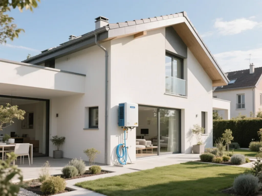 Maison avec pompe à chaleur extérieure en France, équipement moderne