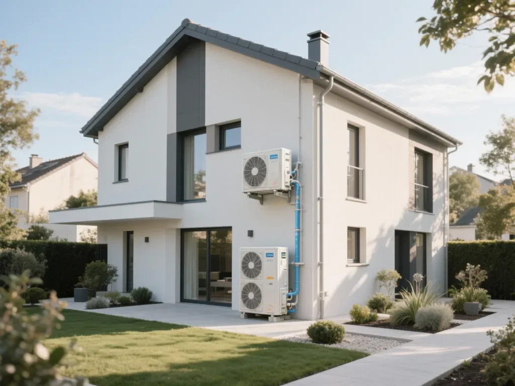 Maison avec pompe à chaleur extérieure en France, équipement moderne